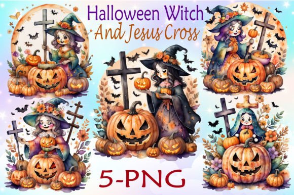 Halloween Witch and Jesus Cross Clipart