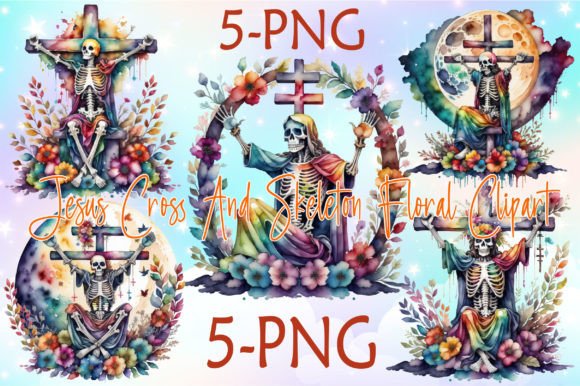 Jesus Cross and Skeleton Floral Clipart Illustrations
